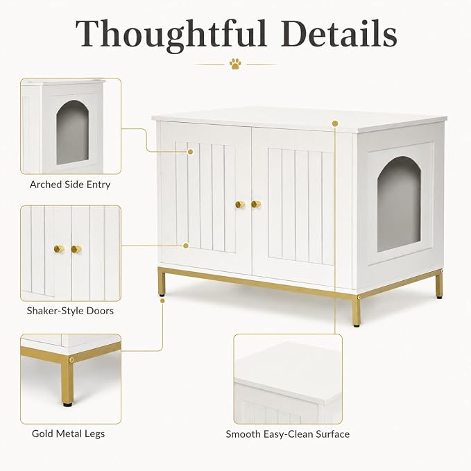 Homhedy Cat Litter Box Enclosure, Cat Washroom Furniture with Metal Frame, Pet House, Fit Most of Litter Box, Modern Style, White and Gold