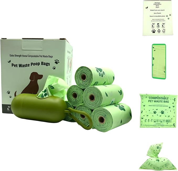 18 Microns Extra Thick premium Home Compostable Dog Poop Bags - Heavy Duty - Leak-Proof Pet Waste Bags with Easy-Tear Perforation - Eco-Friendly & Puncture Resistant
