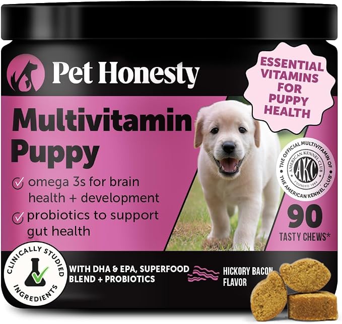 Puppy Vitamins and Supplements Multivitamin Chews - DHA Omega 3 Fish Oil + Probiotics for Growth, Brain Development, Immune Support, Sensitive Stomach, Heart Health (Hickory Bacon, 90 Ct)