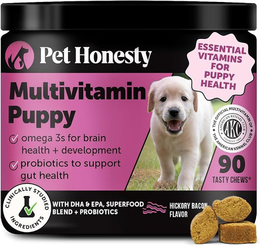Puppy Vitamins and Supplements Multivitamin Chews - DHA Omega 3 Fish Oil + Probiotics for Growth, Brain Development, Immune Support, Sensitive Stomach, Heart Health (Hickory Bacon, 90 Ct)