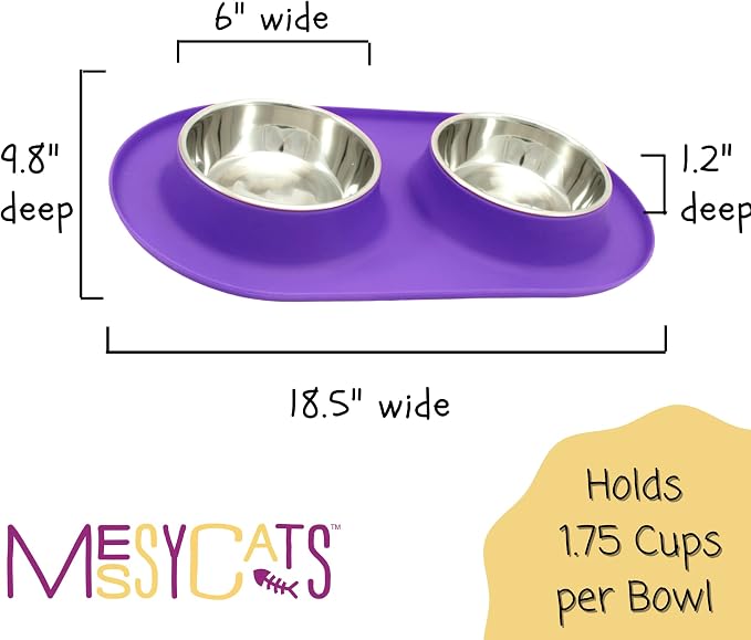 Messy Cats Double Silicone Feeder with Stainless Saucer Shaped Bowl | Anti-Slip Non-Skid Cat Food Bowls | Two Cat Bowls in Feeding/Water Station | 1.75 Cups per Bowl (Purple)