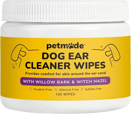 Dog Ear Cleaner Wipes - Cleaning Wipes for Puppies - Dirty, Smelly & Itchy Ears - Non-Irritating Removal of Buildup, Dirt & Wax- with Witch Hazel, Willow Bark, Aloe Vera & More - 100 Count