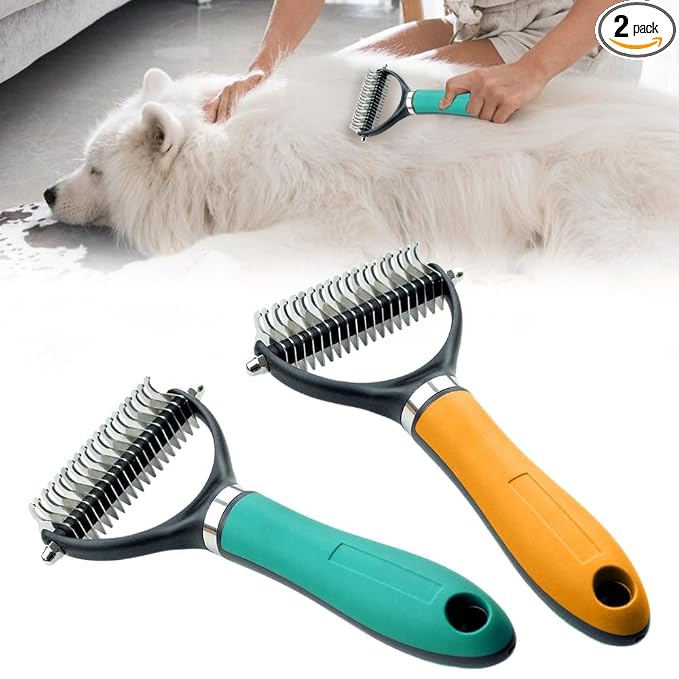 Double Sided Dematting Comb, 2026Undercoat Rake Deshedding Grooming Tool, Pet Hair Detangler Brush for Removing Tangles Knots and Loose Fur, Grooming Comb for Long Thick Coats (2, Orange+Green)