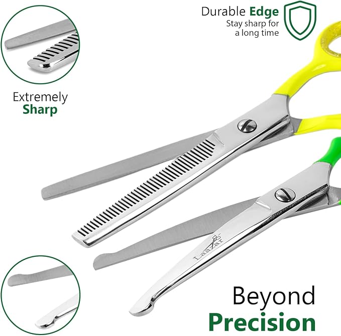 Laazar Dog Grooming Scissors Kit, Pet Grooming Scissors Set – Straight, Curved & Thinning Shears | Grooming Scissors for Dogs at Home | Safety Round Tips, Colorful Handles