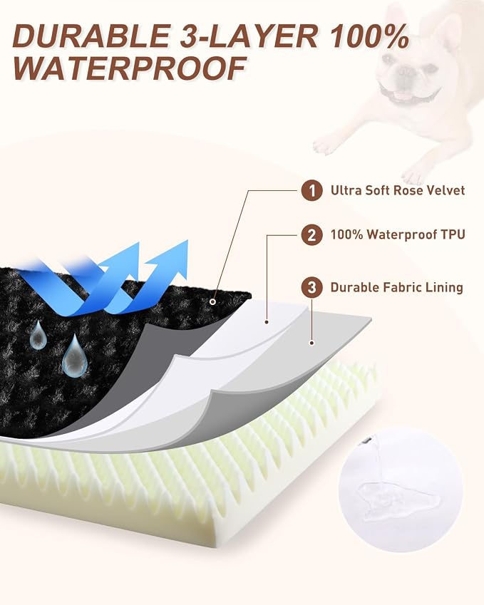KSIIA Dog Crate Bed Waterproof Large Dog Bed Soft Rose Velvet Supportive Kennel Pad Egg Crate Foam with Removable Washable Cover & Non-Slip Bottom, 35 x 22 Inch, Black