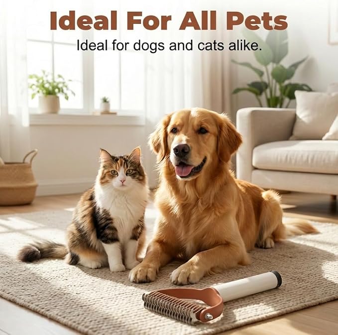 Pet Pro Grooming Tool for Dogs & Cats, Deshedding Dog Brush, Pet Grooming Brush with Undercoat Rake, Dematting Comb for Long Hair, Pet Grooming Tool for Thick Coats & Loose Fur (Brown)