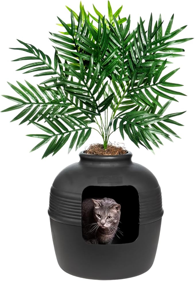 Good Pet Stuff Original Hidden Litter Box Planter, Decorative Cat Litter Enclosure, Carbon Filter, Faux Plant, Round Design, Easy to Clean, Base Kit, Palm Plant, Charcoal Black