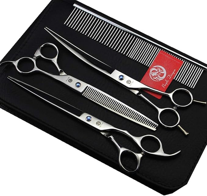 Purple Dragon 8.0" Titanium Multicolor Professional Pet Grooming Scissors Set,Straight & Thinning & Curved Scissors Shear with Bag for Dog Cat Grooming