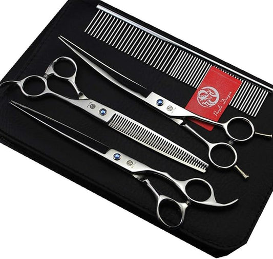 Purple Dragon 8.0" Titanium Multicolor Professional Pet Grooming Scissors Set,Straight & Thinning & Curved Scissors Shear with Bag for Dog Cat Grooming