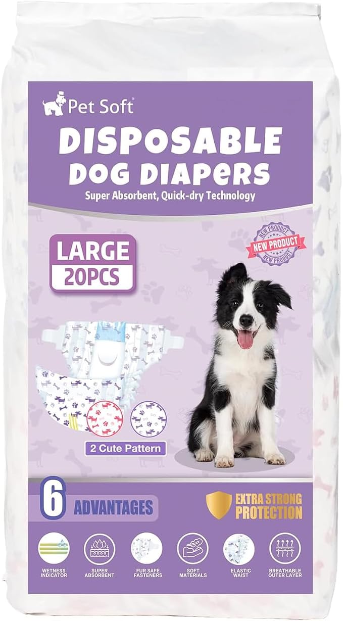 Pet Soft Female Dog Diapers - Disposable Doggie Diapers with Wetness Indicator, Puppy & Cat Diaper Super Absorbent, Fit for Female Dog in Heat or Incontinence, 20pcs (L, Mixed)