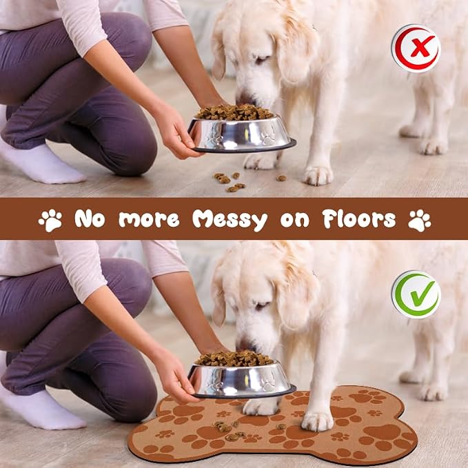 Dog Food Mats for Floors Waterproof, Pet Feeding Absorbent Water Bowl Mat Cat Placemats Brown Bone Shape 23.6 * 15.7 inch