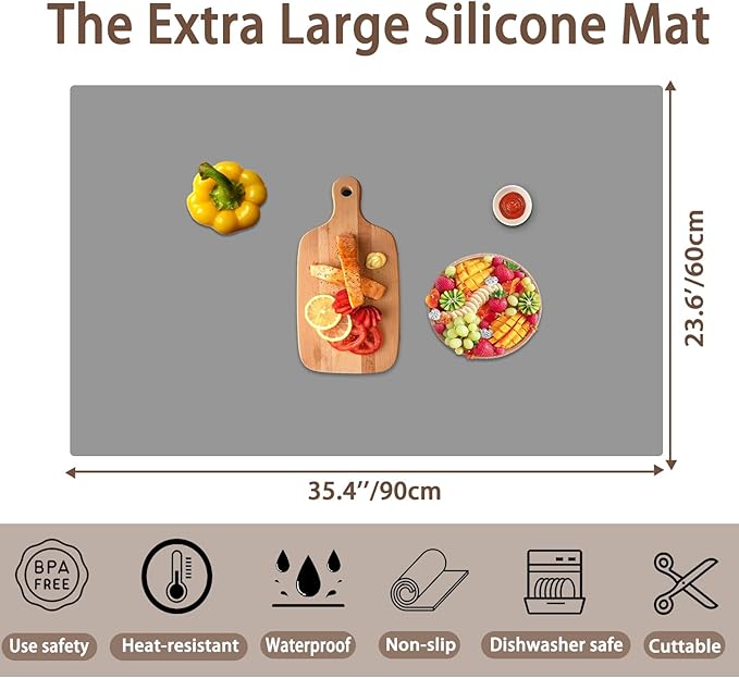 35.4''x23.6''(90cmx60cm) Extra Large Silicone Mat for Kitchen Counter, 1.4MM Thick Non-Slip Heat Resistant Countertop Protector, Waterproof Durable Kitchen Mat for Countertops, Islands (Dark Gray)