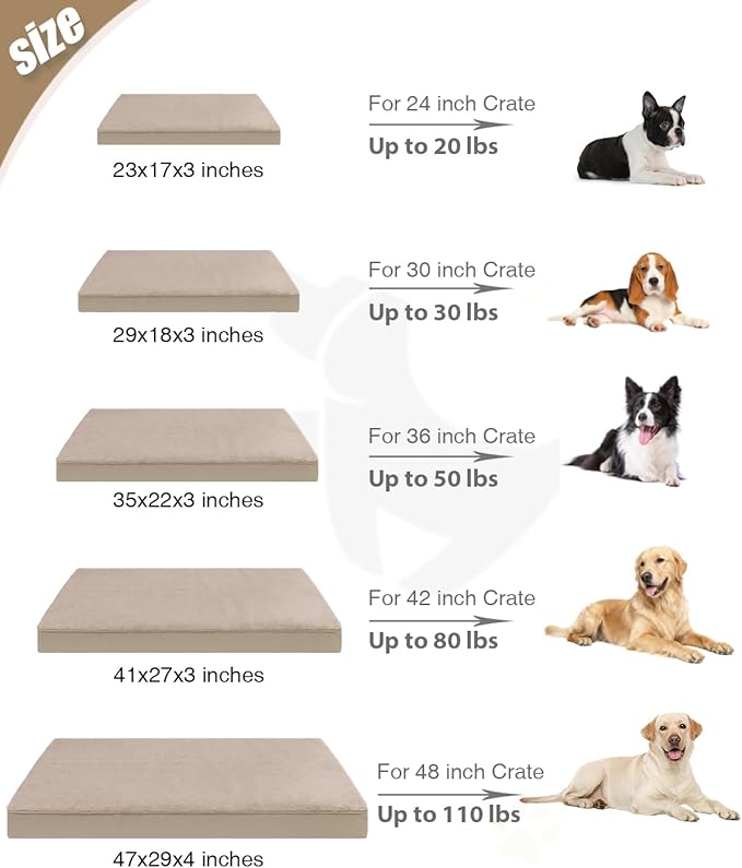 KSIIA Orthopedic Dog Bed Crate Waterproof Pet Mats for Small Dogs Deluxe Plush Washable Pet Bed with Egg Crate Foam & Removable Cover, 23 x 17 Inch, Khaki