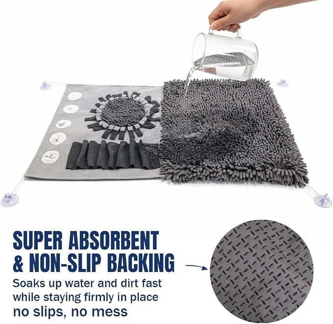 Muddy Mat® Half Chenille Snuffle Mat for Dogs Large & Small Breeds, 19"x30" Dual Material Fleece & Chenille Foraging Pad, Interactive Feeding Puzzle Encourages Slow Eating – Snuffle Mat for Dogs