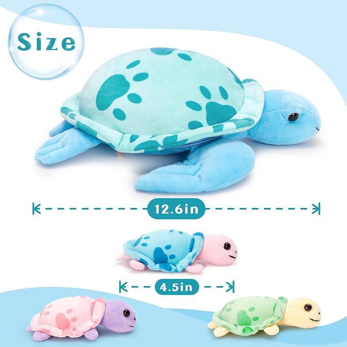 Muiteiur 4-in-1 Sea Turtle Stuffed Animal with Babies Inside, 12.6" Soft Mommy Turtle Plush Toy with 3 Babies, Blue Stuffed Marine Life for Kids Girl Boy