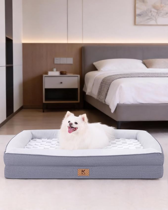 KSIIA Big Dog Bed for XL Dogs, Orthopedic Egg-Crate Memory Foam Pet Bed with Sides, Waterproof Lining and Non Slip Pet Couch with Removable Washable Cover, 44 x 32 Inch, Grey