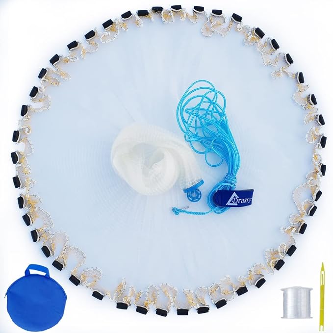 Drasry Saltwater Fishing Cast Net for Bait 3/8 1/4 or 1/2 with Heavy Sinkers Fish Trap Throw Net. Size 3ft/4ft/5ft/6ft/7ft/8ft/9ft/10ft Radius Freshwater Nets
