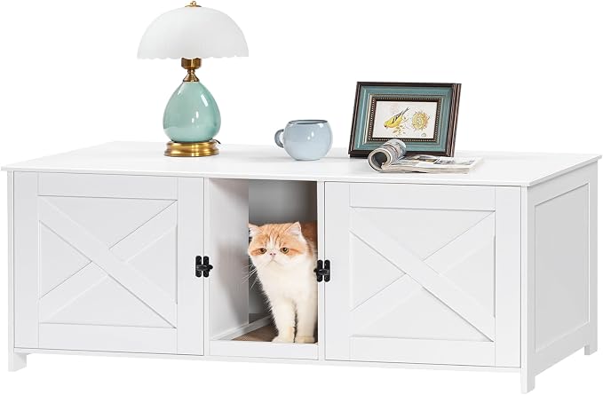 MAHANCRIS Cat Litter Box Enclosure for 2 Cats, 47.2" Hidden Litter Box Furniture with Double Room, Wooden Cats Washroom with Scratching Board, Indoor Cats House End Table, White CWWT1201