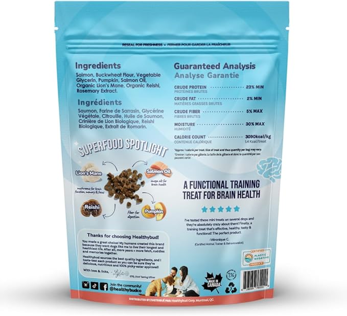 Healthybud Mini Salmon Dog Training Treats – Soft Low Calorie Bites (1 kcal Each) – 500+ Tiny Rewards for Puppies & Small Dogs – Salmon Oil, Lion’s Mane & Reishi – Grain Free – Made in Canada – 6.5 oz