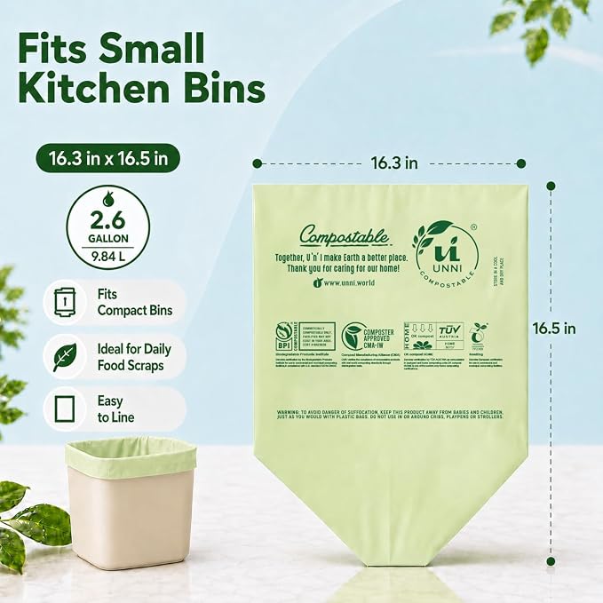 UNNI Compostable Trash Bags, 2.6 Gallon / 9.84 Liter, 600 Count Value Pack, Extra Thick 0.71 Mil Compost Bin Liners for Kitchen Food Scrap, Certified by BPI, CMA & OK compost HOME, Meets ASTM D6400