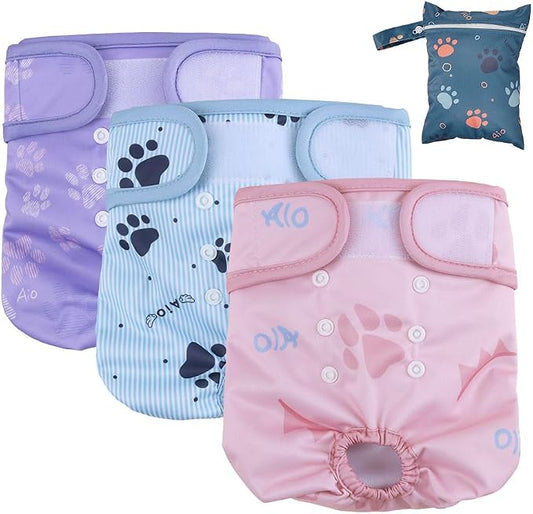 AIO Dog Diapers Female(3 Pack), Small Medium Large Highly Absorbent Wraps Reusable Dog Diapers Female