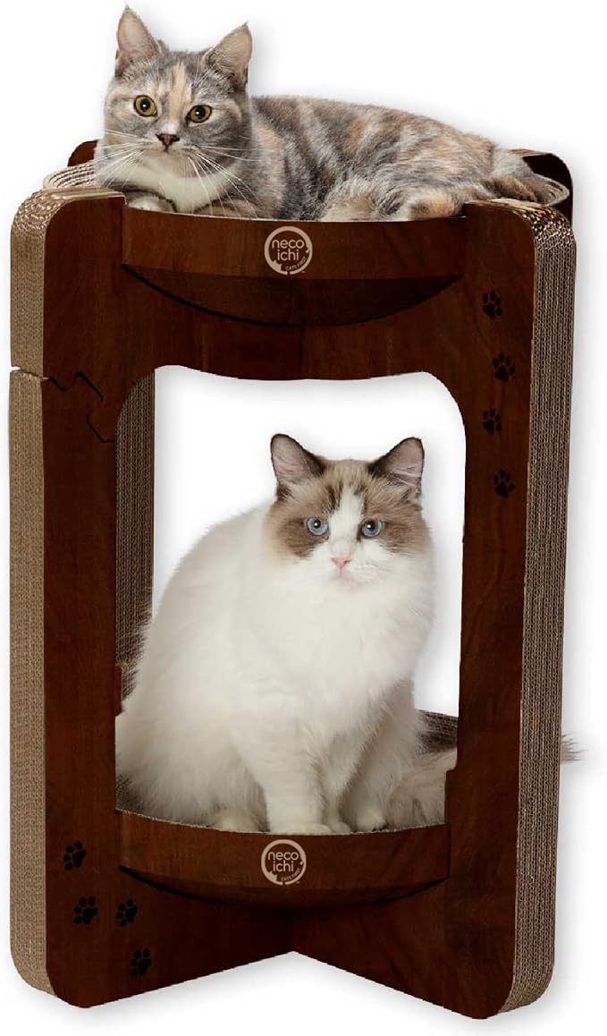 Necoichi Cat Scratcher Tower for Indoor Cats - Cat Scratching Post Lounger with Reversible Usability and Extra Comfort for Lounge, Cardboard Bed Couch / (Regular, Dark Cherry)