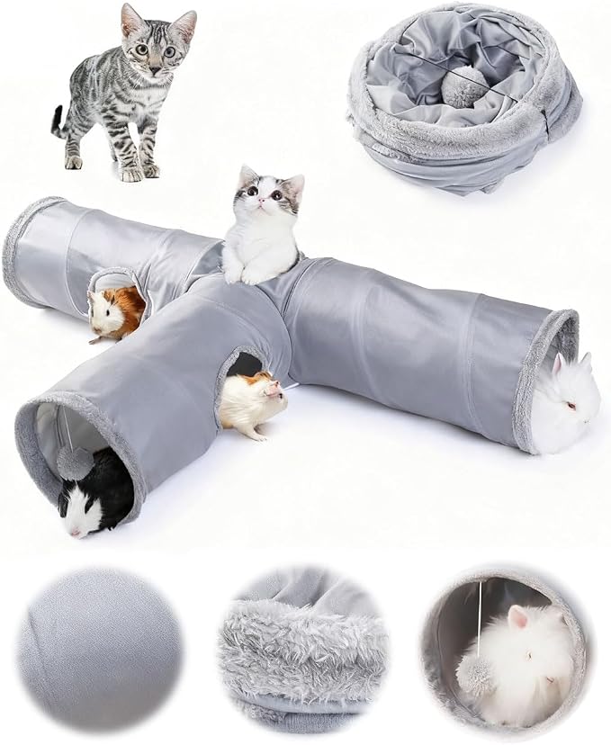 JanYoo Rabbit Bunny Tunnel Hideout Bunny Toys for Rabbits Guinea Pig Accessories Ferret Kitty 3 Ways Collapsible Tunnels (Solid Grey)