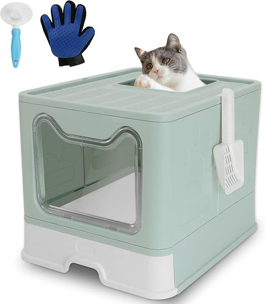 ROCCS Foldable Cat Litter Box with Lid,No Smell Large Top Entry Litter Box with Cat Litter Scoop,Covered Drawer Type Kitty Potty,Including Fur Brush & Cleaning Glove,Blue 20" x 16" x 15"