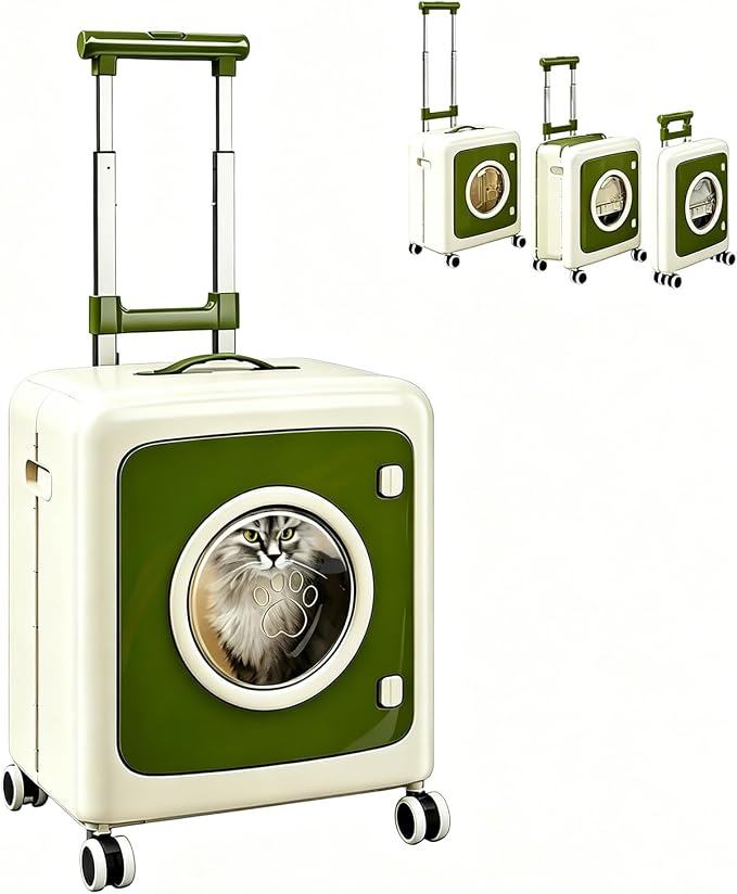 Pet Carrier with Wheels Breathable Cat Carrier 3-Level Adjustable Handle 360° Wheels Pet Travel Carrier for Cats & Small Dogs Detachable Multi-Use Cat Carrier for Outdoor, Travel (Beige Green)