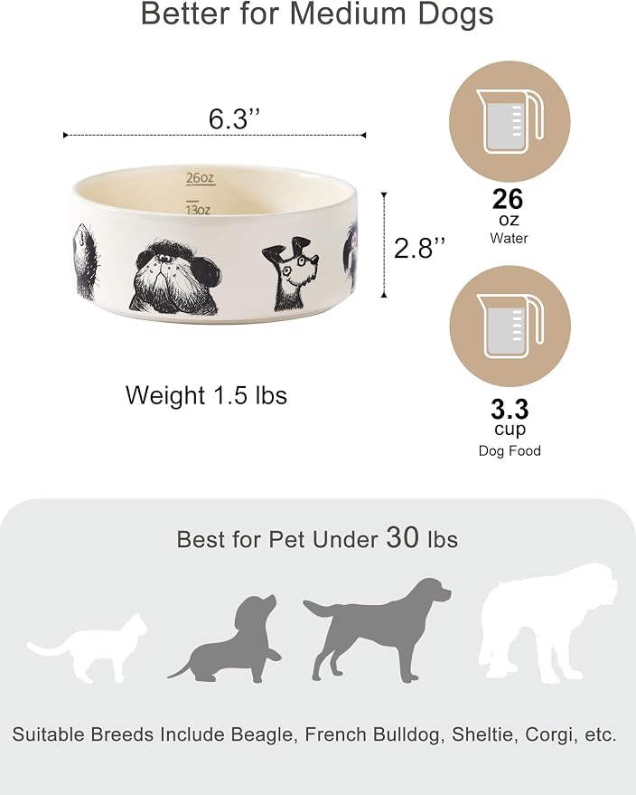 Ceramic Cute Dog Bowl Set of 2 for Small Medium Dogs, Heavy Non-Slip Stoneware Food and Water Bowls – 3.3 Cups, Microwave & Dishwasher Safe, Pet Feeding Set