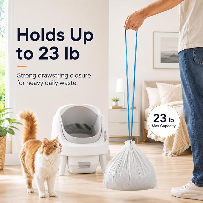 60 Count Automatic Cat Litter Box Liners with Drawstring, Heavy Duty Waste Drawer Bags Compatible with Neakasa M1, CATLINK Open-X & PetPivot AutoScooper 11/12, 27" x 13"