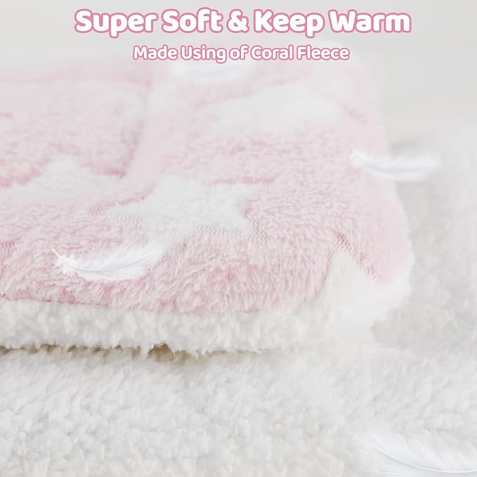 4 Pcs Guinea Pig Bed Mat Washable (2Pcs Size M & L), Rabbit Winter Bed Pad for Indoor, Warm Small Animal Bed Mattres, Fleece Sleeping Pad for Bunny, Rat, Hedgehog, Chinchilla (Pink Star & Stars)
