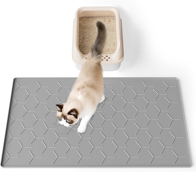Bulkniu Silicone Cat Litter Mat with Raised Edges, Waterproof/Urineproof, Litter-Collecting Interior Ridges, Soft & Pet-Friendly (24"x16"-Grey)