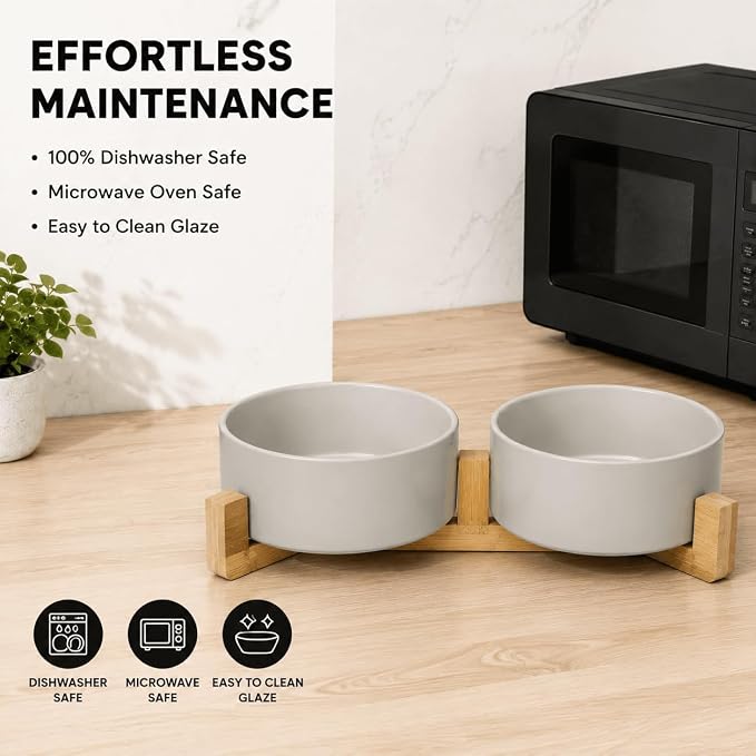 SPUNKYJUNKY Ceramic Dog and Cat Bowl Set with Wooden Stand, Modern Cute Weighted Food Water Bowl Set for Medium to Large Size Dogs (42 OZ, 2 × Grey)