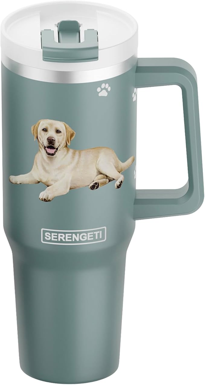SERENGETI 40 Oz Ultimate Tumbler with Handle and Straw - Vacuum Insulated Tumbler with Straw and Lid - Stainless Steel Travel Mug for Pet Lovers - 3D Designs of your favorite Dog (Yellow Labrador)