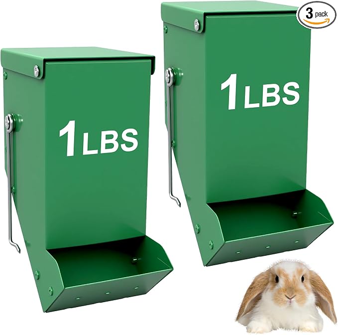 2 Packs Hay Feeder Rabbit, Metal Small Animal Feeder with Lid & Mesh Bottom, 3.1 Inch 1 LBS Capacity, Gravity Food Dispenser for Guinea Pigs Chinchillas, Cage or Outdoor Use, Green