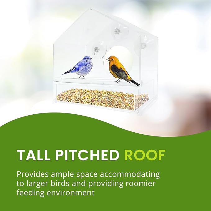 Nature Gear Window Bird Feeder with Strong Suction Cups, Clear Acrylic Window Mounted Bird Feeder, Removable Sliding Tray, Weather-Resistant, Durable, Squirrel-Resistant, House Style