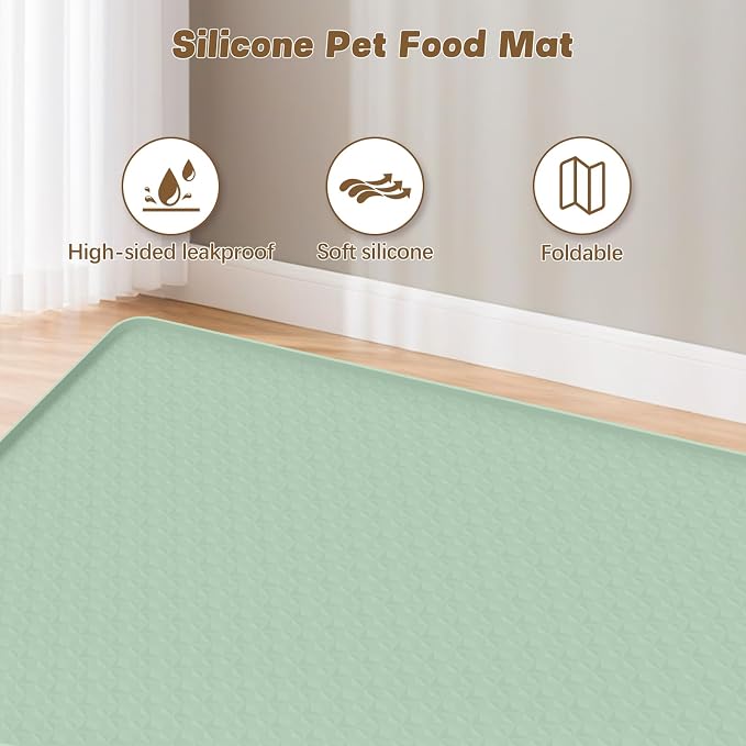 Cat Food Mat, 51" x 25.6" Extra Large Silicone Pet Feeding Mat with Raised Edge Pet Placemat for Food and Water Bowl Non-Slip, Easy to Clean, Floor Protection (Green)
