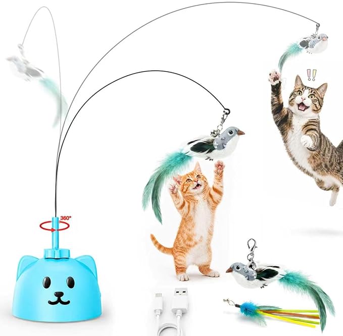 Interactive Cat Toys for Indoor Cats - Automatic Flying Bird Feather Toy, USB Rechargeable Electric Cat Teaser with Strong Sticky Base, Smart Motion Activated Self-Play Enrichment Toy for Bored Cats
