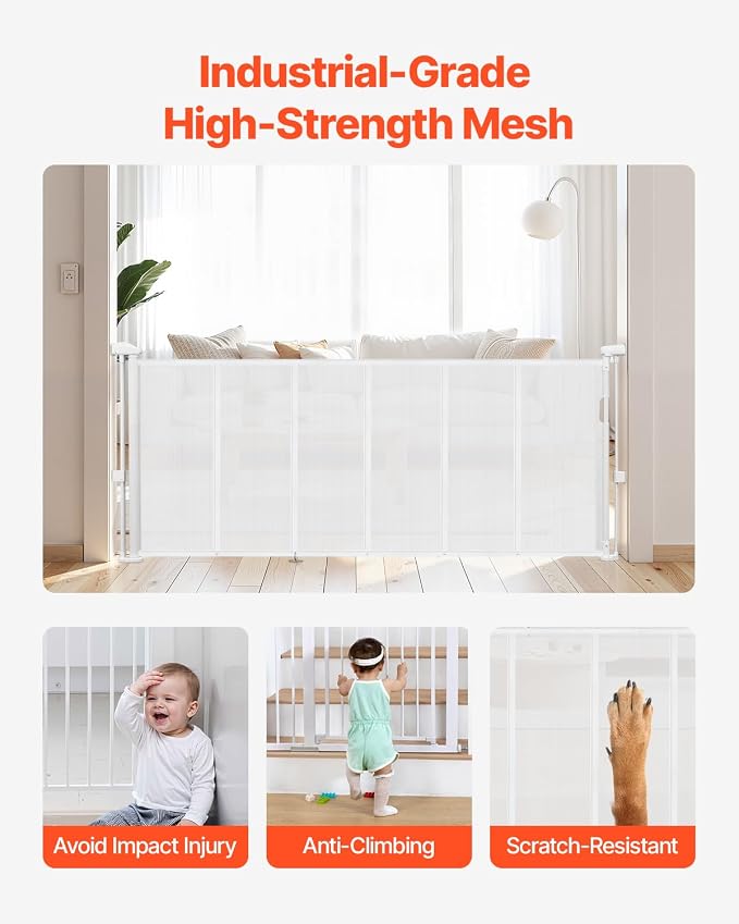 VEVOR Retractable Baby Gate, 34 inch Tall, Extends up to 71 inch Wide, Retractable Gate for Kids or Pets, Mesh Material, Easy to Install for Indoor Stairs, Doorways, Hallways, Playrooms, White