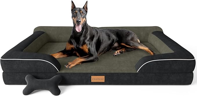 CWAWZ XXL Dog Bed for Extra Large Dogs, Giant Orthopedic Dog Bed with Cooling Gel Memory Foam, Waterproof Pet Bed with Removable Washable Cover, 53" Pet Sofa Bed Dutch Velvet with Bone Toy, Black