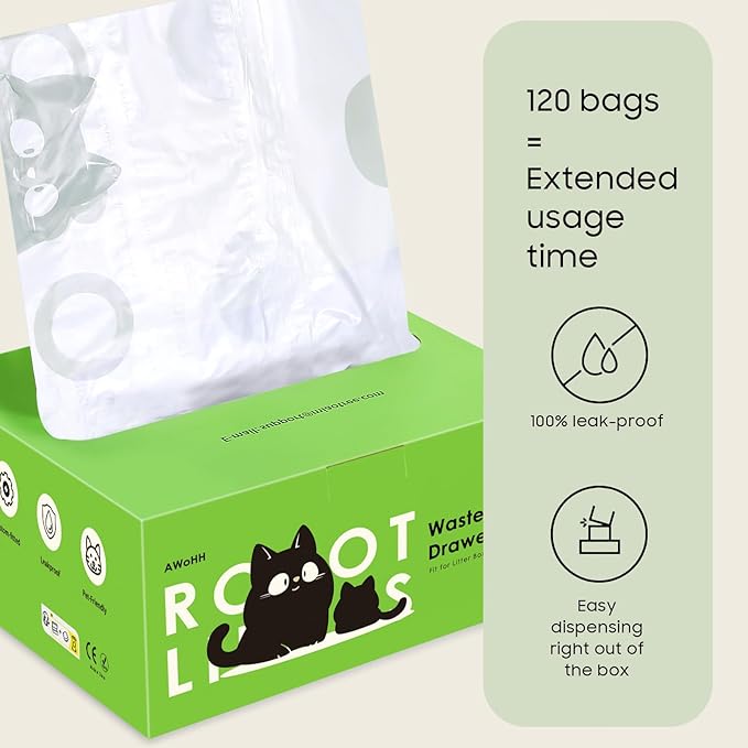 120 Tidy Draw-Pack Automatic Litter Box Bags Cat Litter Box Robot Model 4/3 Waste Bags, Tear-free, Sensor-compatible, Thick Heavy Duty Cat Litter Box Liner Bags 25.2 x 15.7 IN