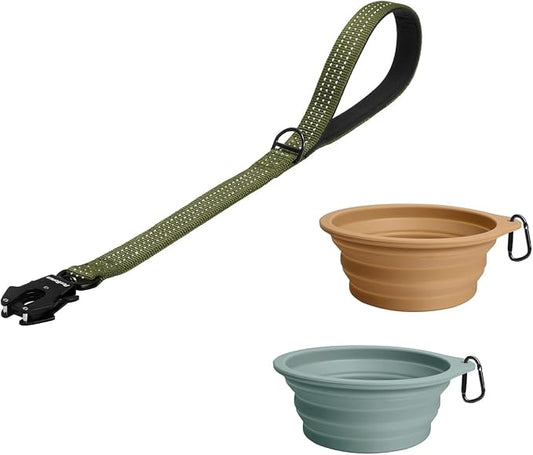 PetBonus Heavy Duty 24 Inch Short Dog Leash and 2-Pack Large Silicone Collapsible Dog Bowls