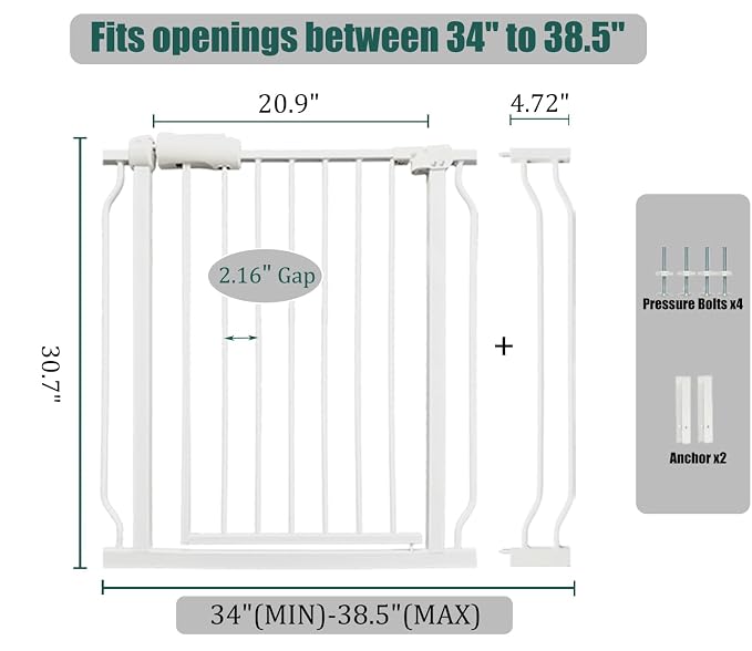 Baby Gate for Stairs 34-38.5" Dog Gate for Doorways, Walk Thru Auto Close Metal Baby Safety Gate for The House, Stairs and Doorways, Child Gate Pressure Mounted, Pet Gate for Dog Indoor - White