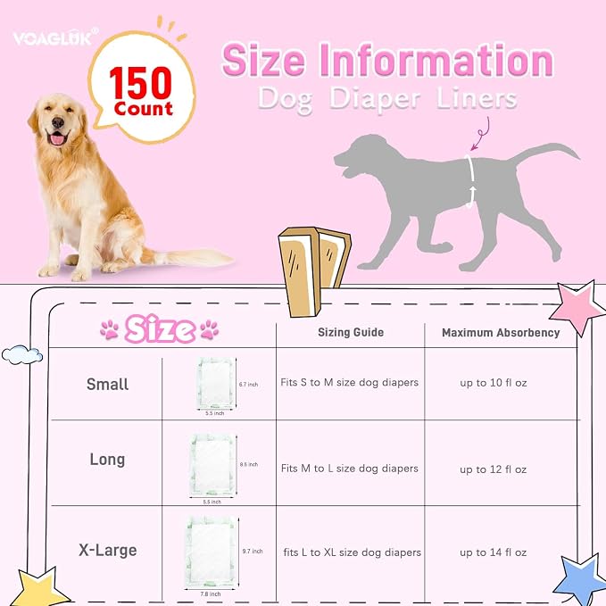 Dog Diaper Liners for Male and Female Dogs, 150ct, Super Absorbent Disposable Dog Diapers Booster Pads fit Most Pet Belly Bands and Wraps (Long)