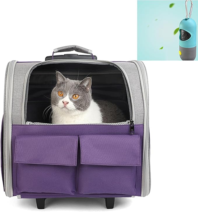 Portable Cat Carrier Backpack with Wheel Breathable Airline Approved Pet Travel Rolling Trolley Collapsible Backpack