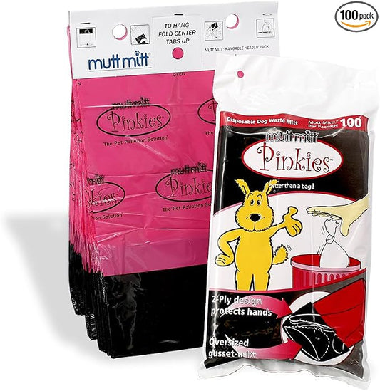 Mutt Mitt® Pinkies 2-Ply 100 Pink & Black Dog Waste Bags on 1 dog waste bag station header - 300% Thicker than mini roll dog waste bags - no more warm & yuck feeling