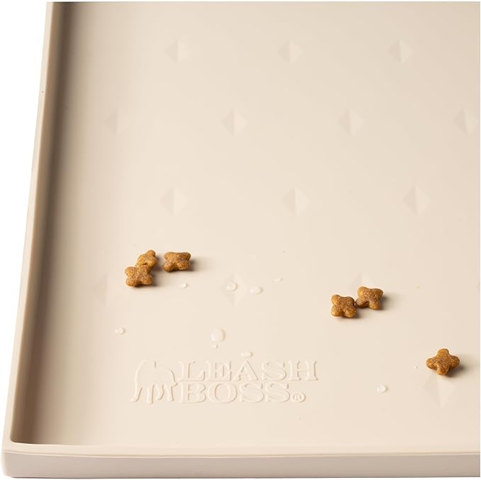 Leash Boss Dog Food Mat - Waterproof Cat & Dog Bowl Mat for Food and Water, Silicone Pet Feeding Mats for Floors, Non-Slip Placemat with High Edges, Puppy Essentials (Small: 18"x11", Beige)