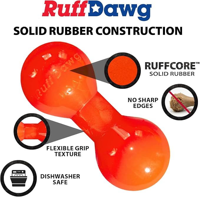 Ruff Dawg Big Dawg Barbell XL Orange – Heavy-Duty Solid Rubber Dog Chew Toy for Medium to Large Dogs 40 lbs & Up – Floats & Bounces – Made in USA