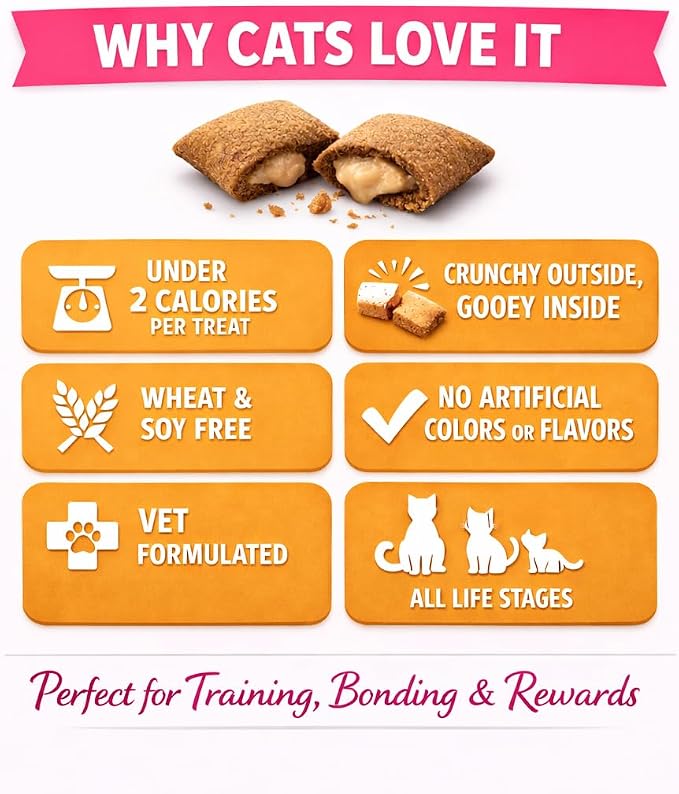 Calming Cat Treats for Indoor Cats – Crunchy Pillow Bites Gooey Center – Chicken Low Calorie Kitty Treats – Cat Snacks Food Topper Training Reward Wheat Soy Free Healthy Dental – 3oz Resealable
